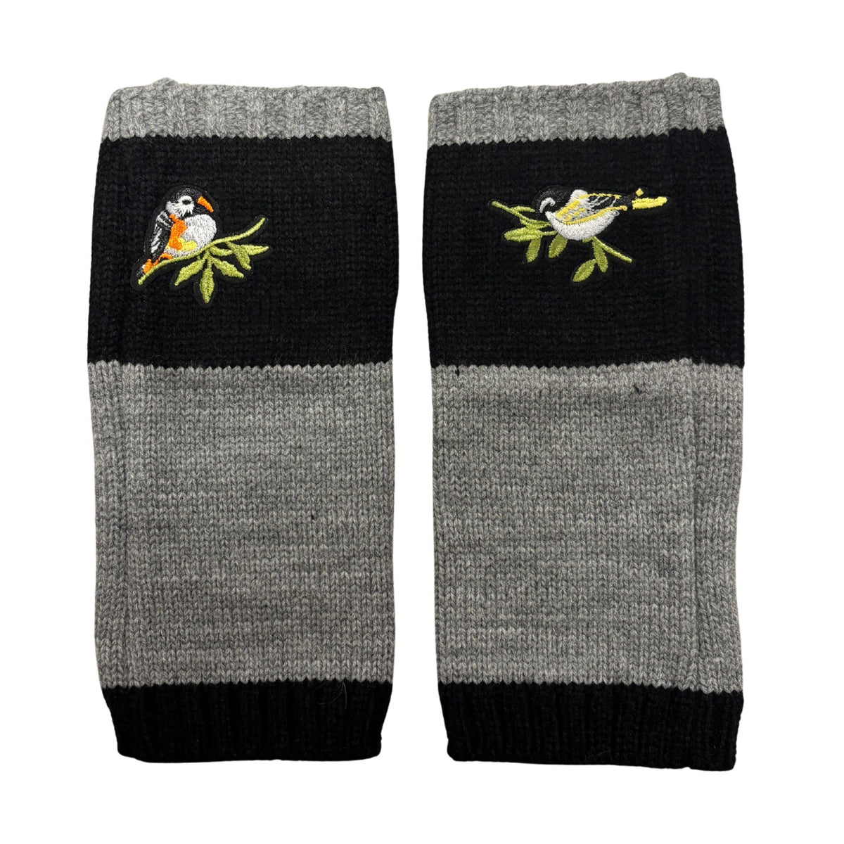 Pair of black and gray knitted arm warmers with bird applique on each cuff
