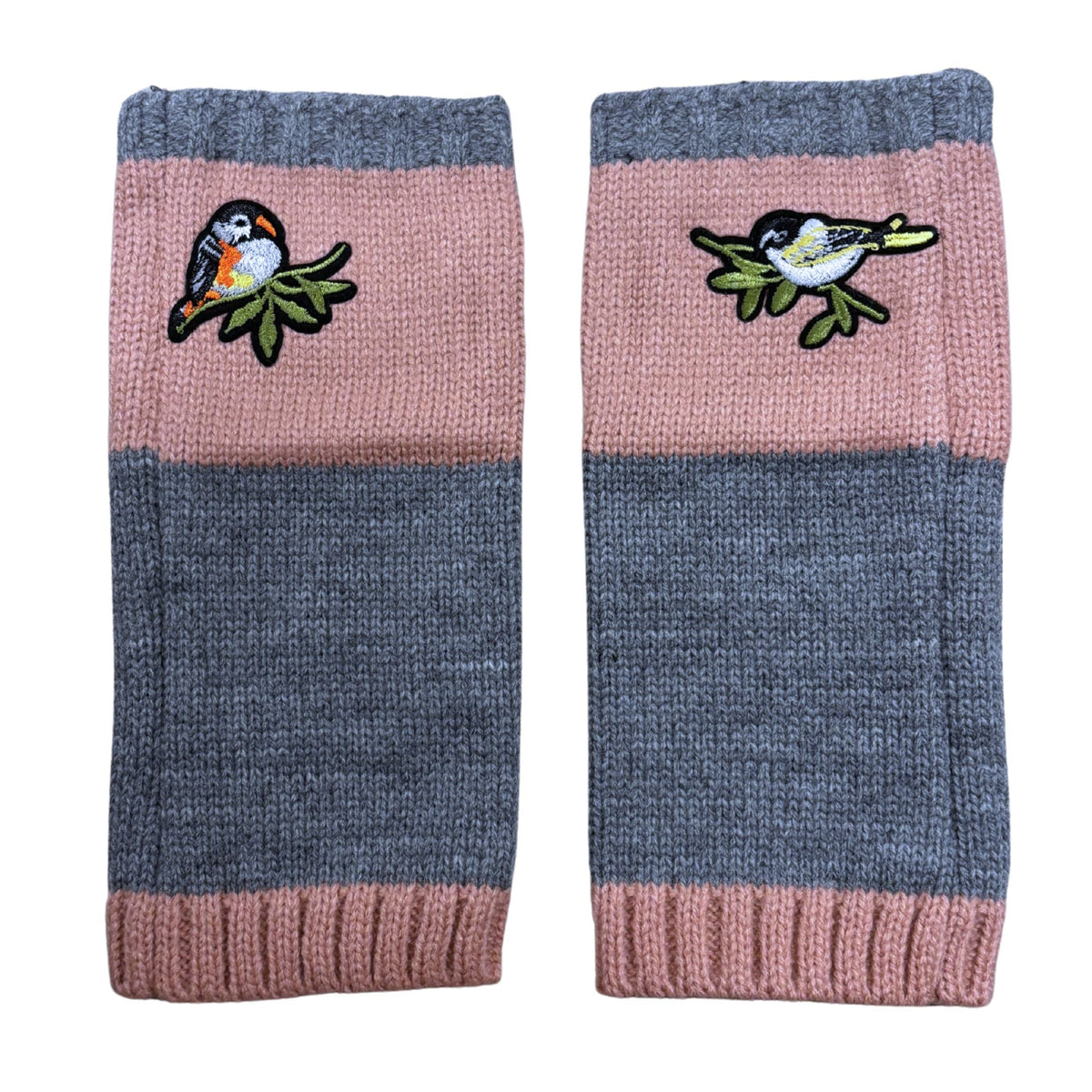 Two-tone striped fingerless arm warmers with bird applique; pink, gray, and blue