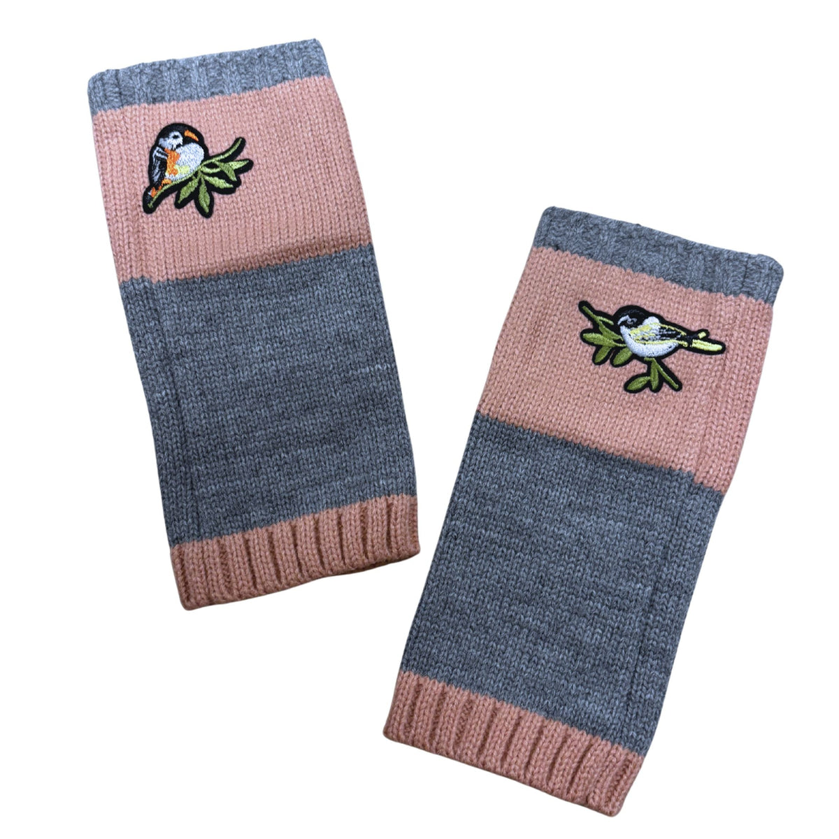 Striped fingerless arm warmers with bird applique, pink and blue-gray panels