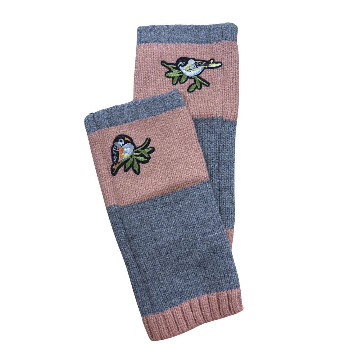 Striped bird applique fingerless arm warmers, pink and blue-gray with ribbed hem
