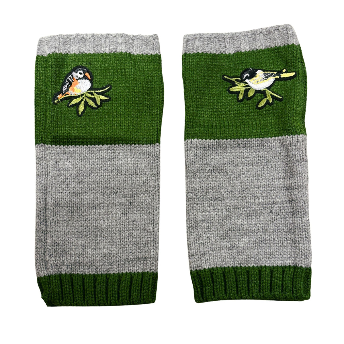 Set of green and gray knitted arm warmers with bird applique and striped cuffs