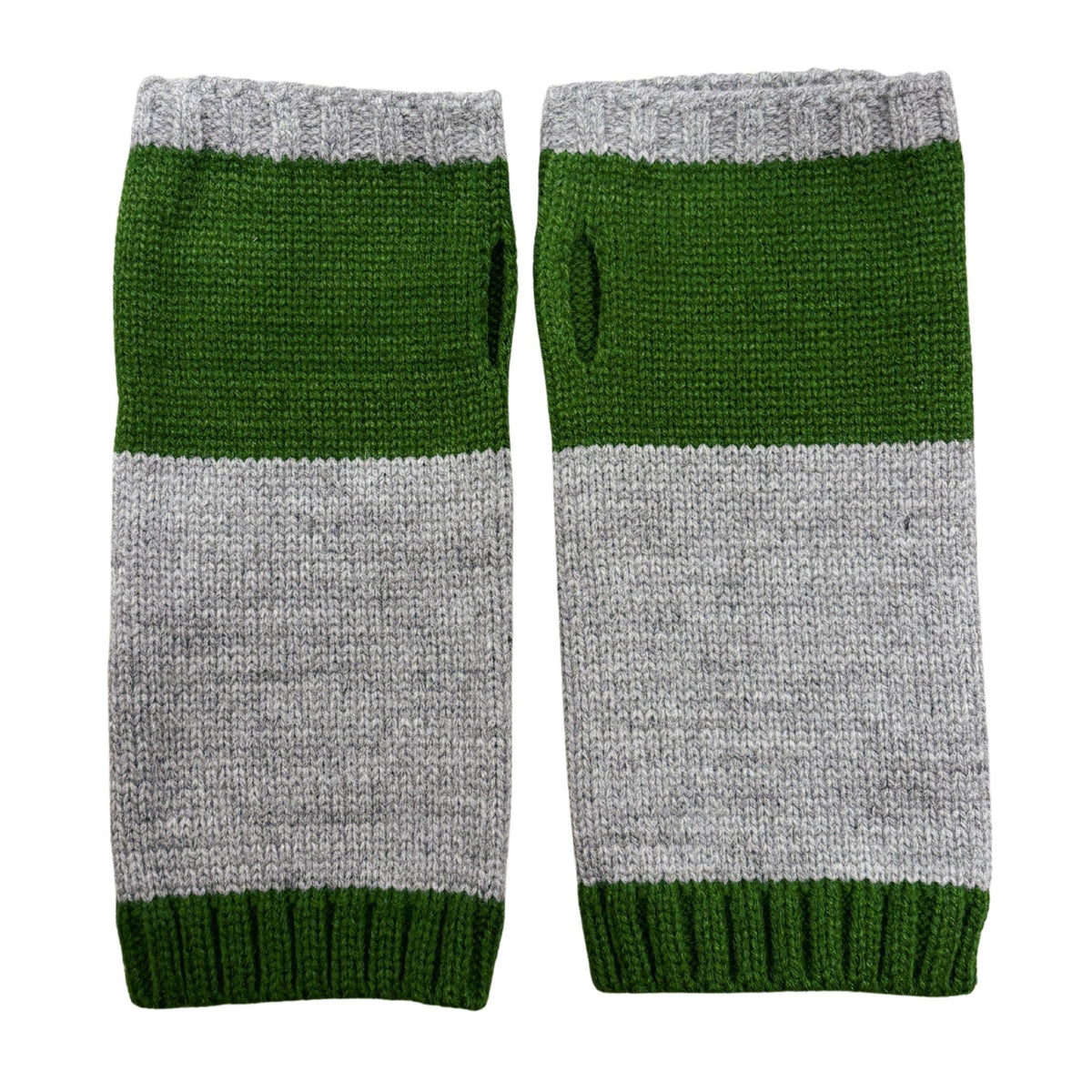 Pair of green and gray knitted arm warmers with striped ribbed cuffs