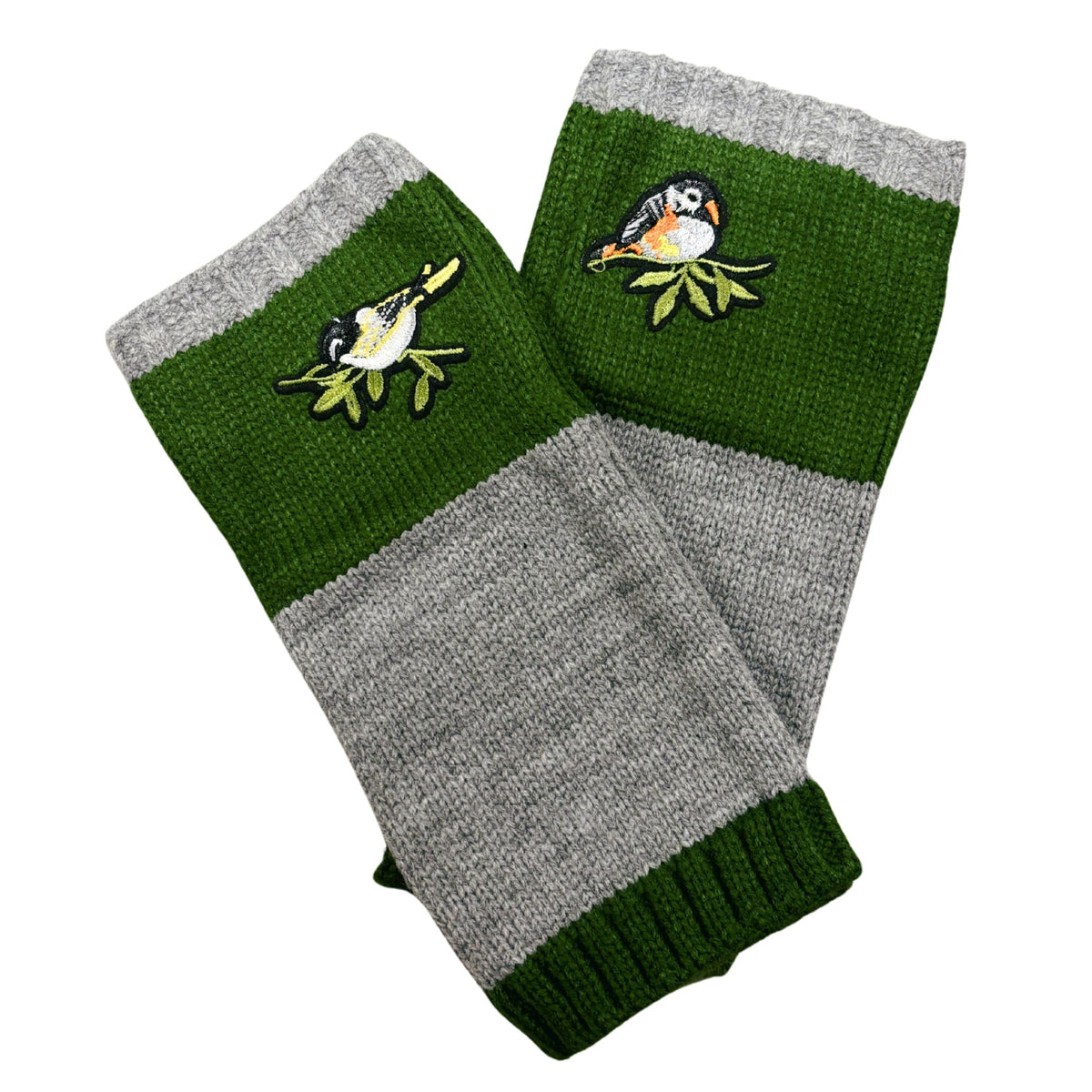 Pair of green and gray knitted arm warmers with bird applique on front