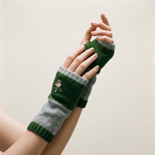 Green and gray knitted bird-applique fingerless arm warmers with striped cuffs