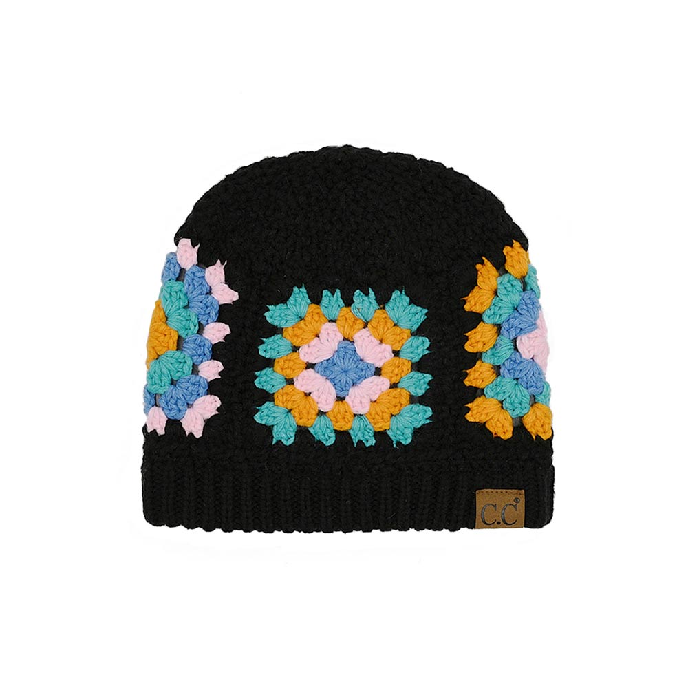 C.C crochet beanie with black body and multicolor floral square pattern
