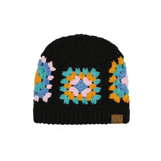 C.C crochet beanie with black body and multicolor floral square pattern