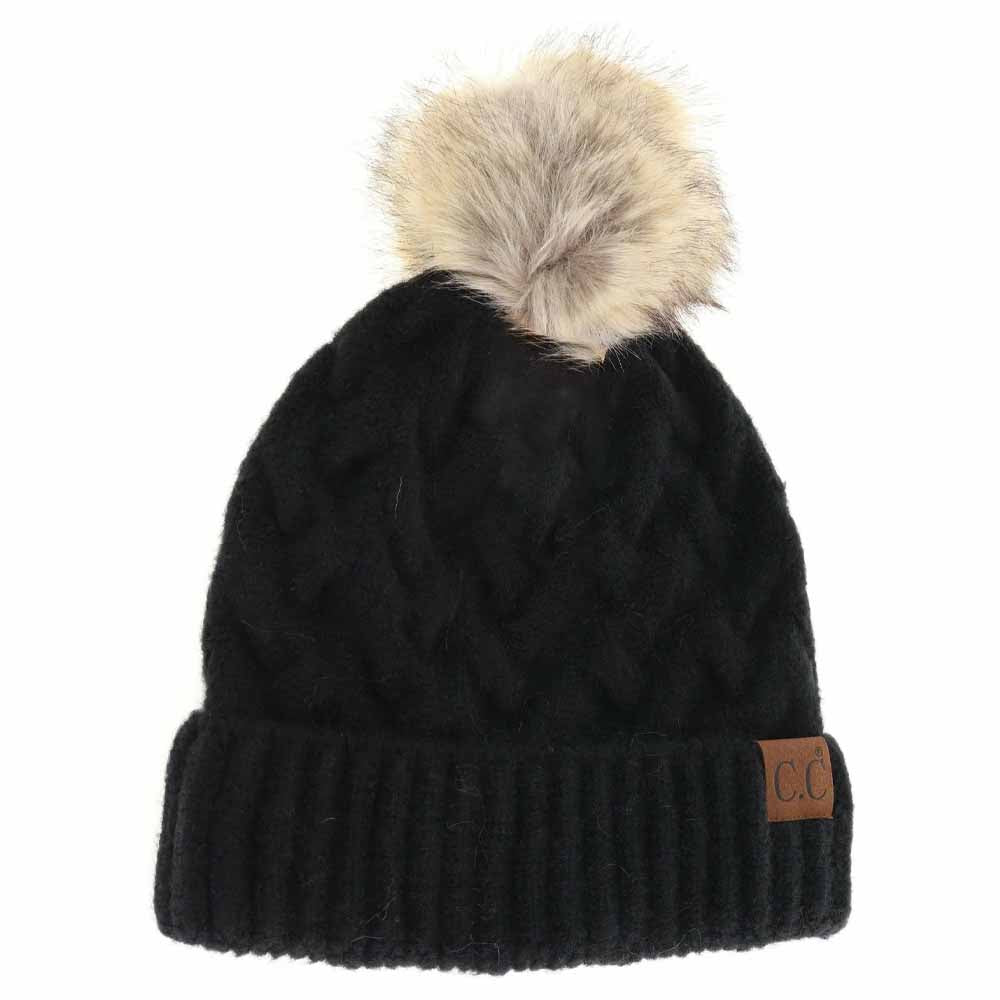 Chunky cable knit beanie with faux fur pom-pom, black, ribbed cuff and C.C. patch