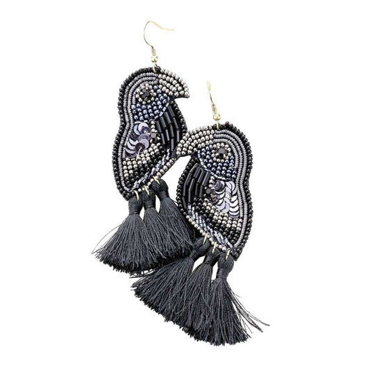 Parrot bead sequin tassel earrings, black and silver beads with black tassels.