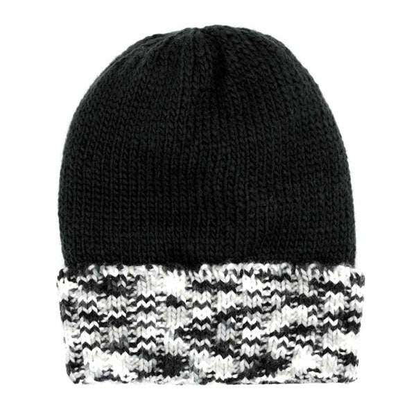 Dark knit beanie hat with black-and-white patterned fleece band