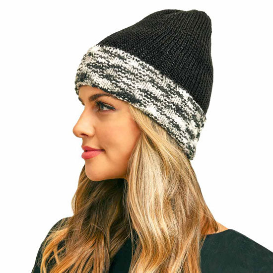 Black knit fleece beanie with white-and-gray striped cuff