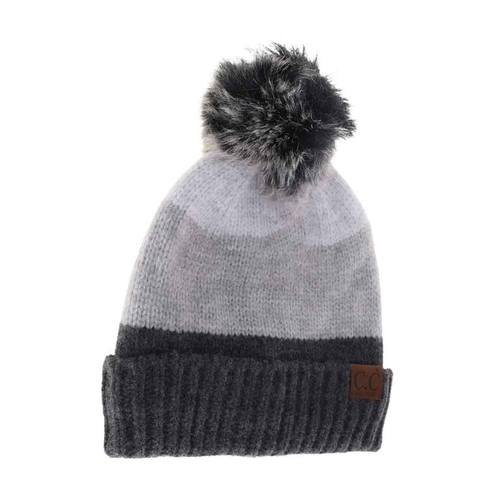 Color block knit beanie with pom, light gray body and dark gray ribbed cuff