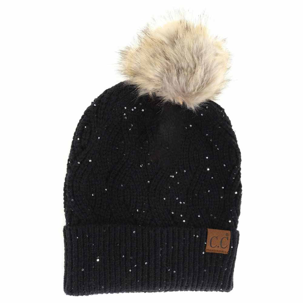 Sequin brioche cable knit beanie, black with faux fur pom and ribbed cuff patch CC