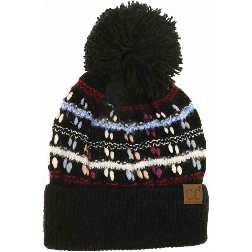 Black knit beanie with large yarn pom-pom and multicolor Fair Isle stripes, C.C logo patch