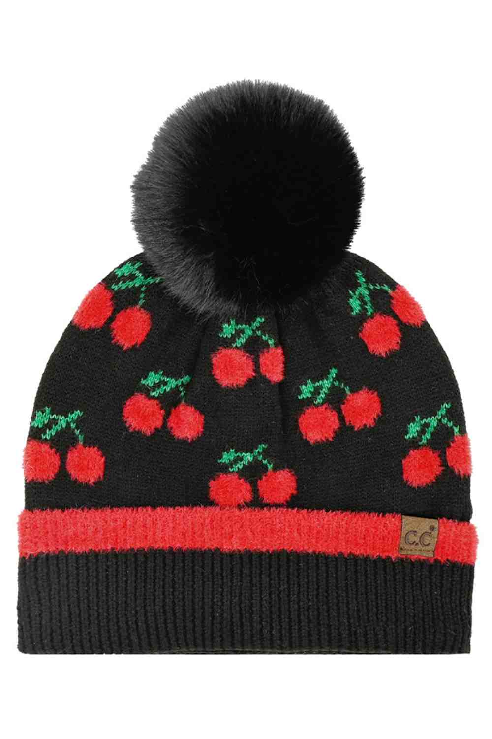 CC cherry-pattern pom beanie, black with black pom and red cherries with green leaves