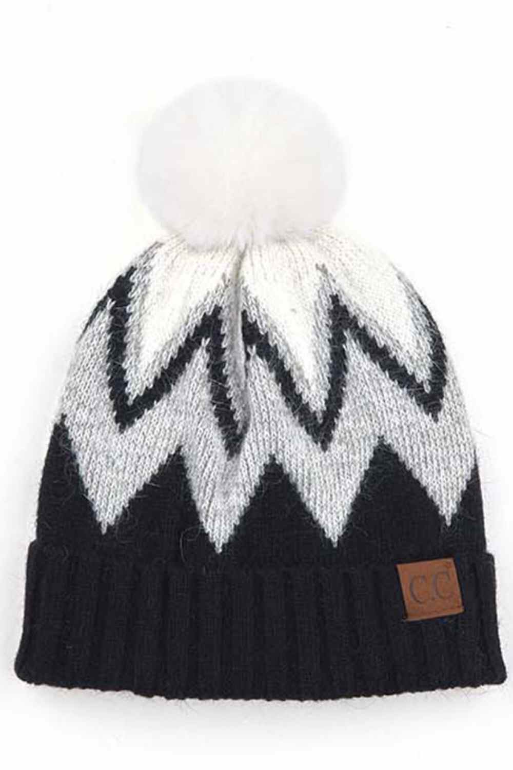 C.C chevron knit beanie with pom, black base, white zigzag pattern, CC patch