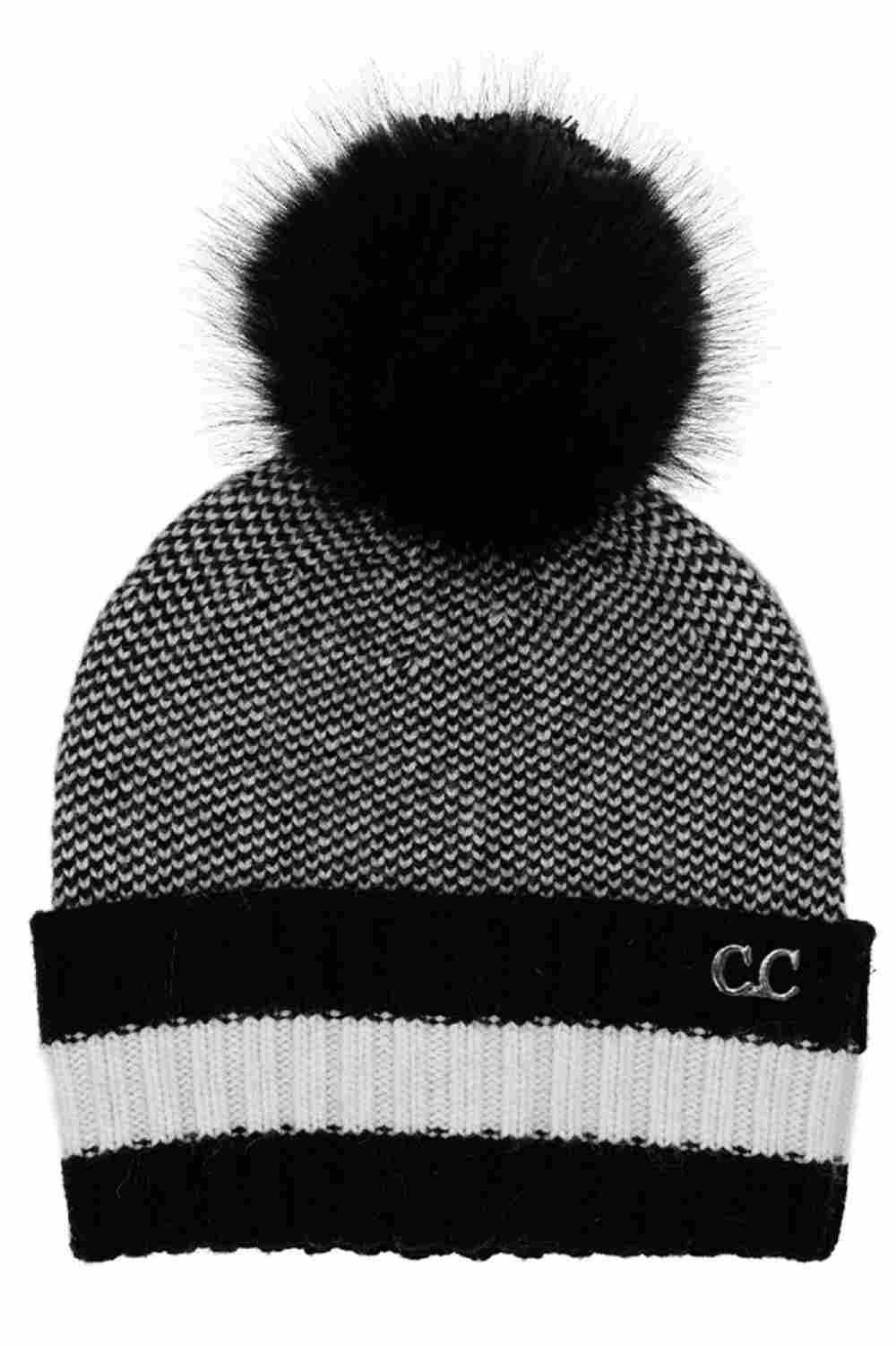 Two-tone knit beanie with pom-pom, black and white stripe cuff