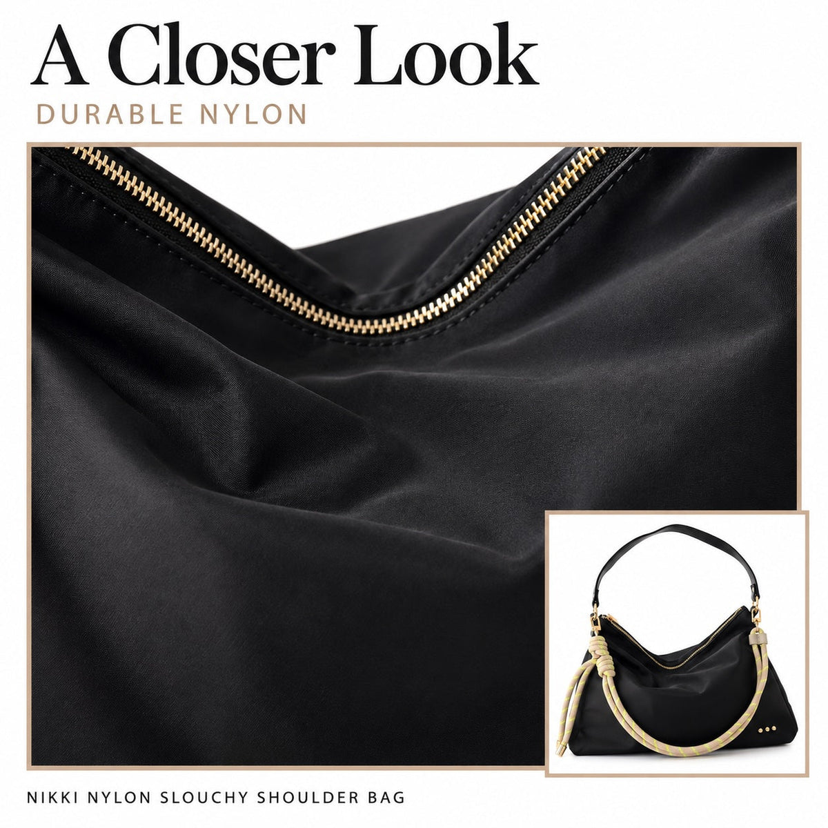Black nylon slouchy shoulder bag with zip-top opening and gold zipper accents