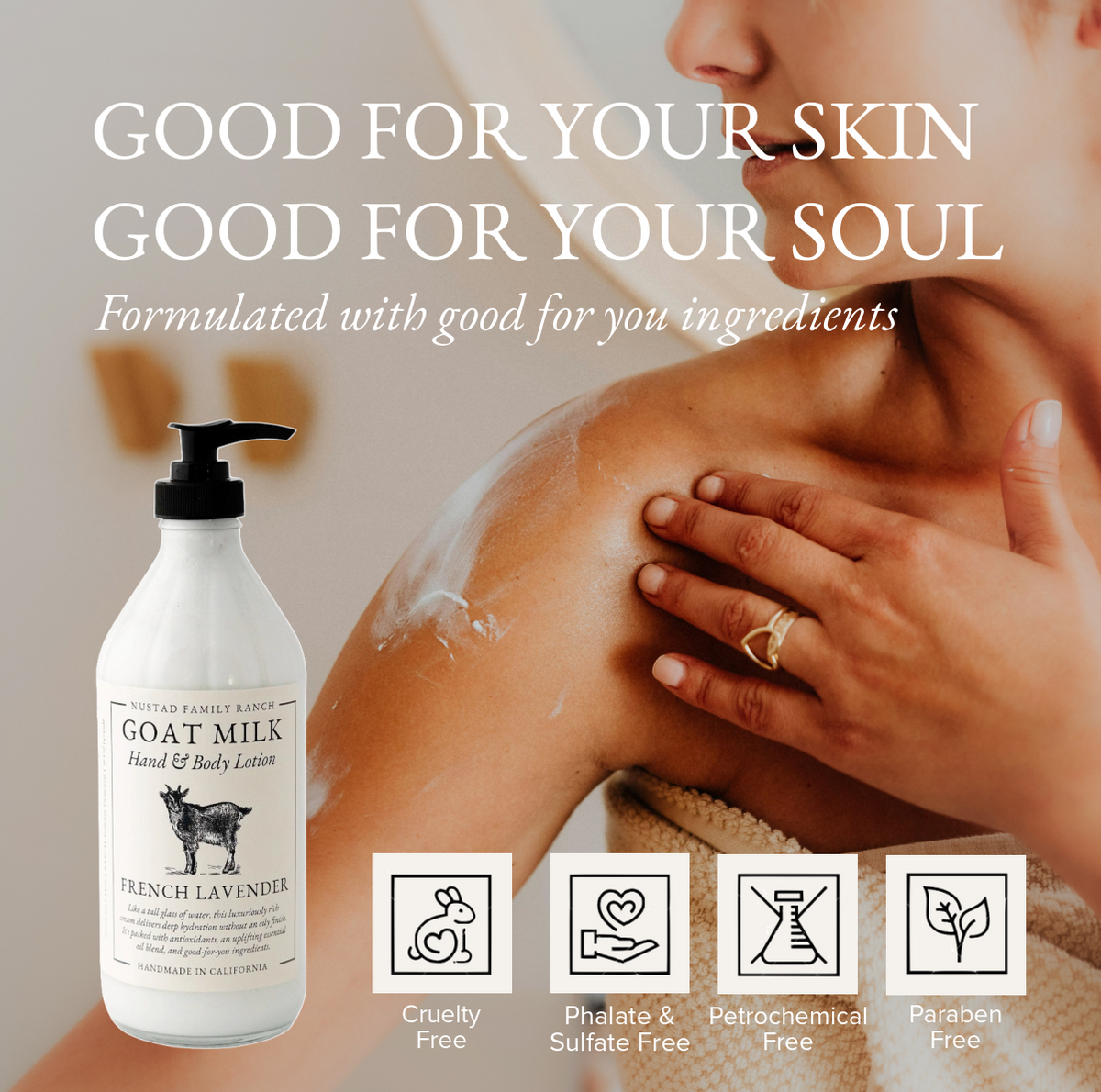 Hand and body lotion on skin with pump bottle and ingredient icons