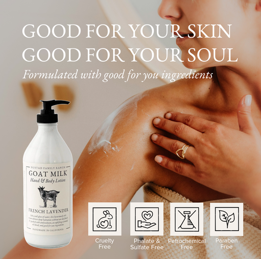 Goat milk hand and body lotion bottle with black pump and label, beside hand