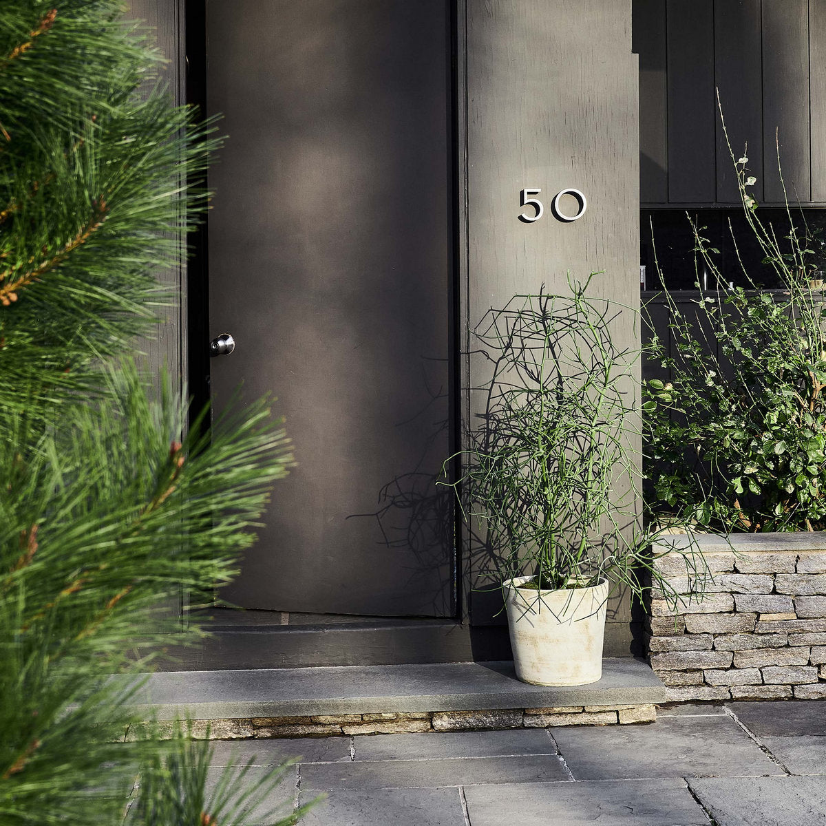 White patina terra-cotta planter with thin grasses on a front step