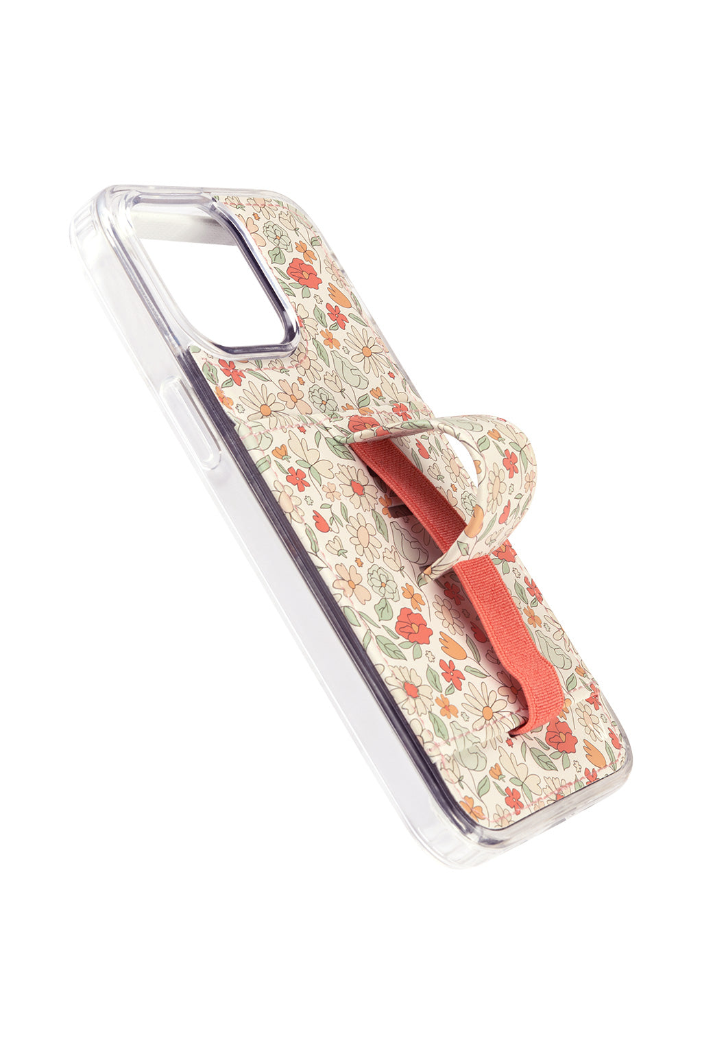 Blossom Bliss floral phone case with clear edges and red strap detail