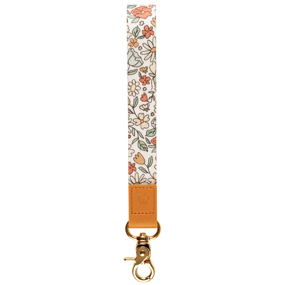 Floral wrist lanyard with tan leather strap and gold lobster clasp, keyring at end.
