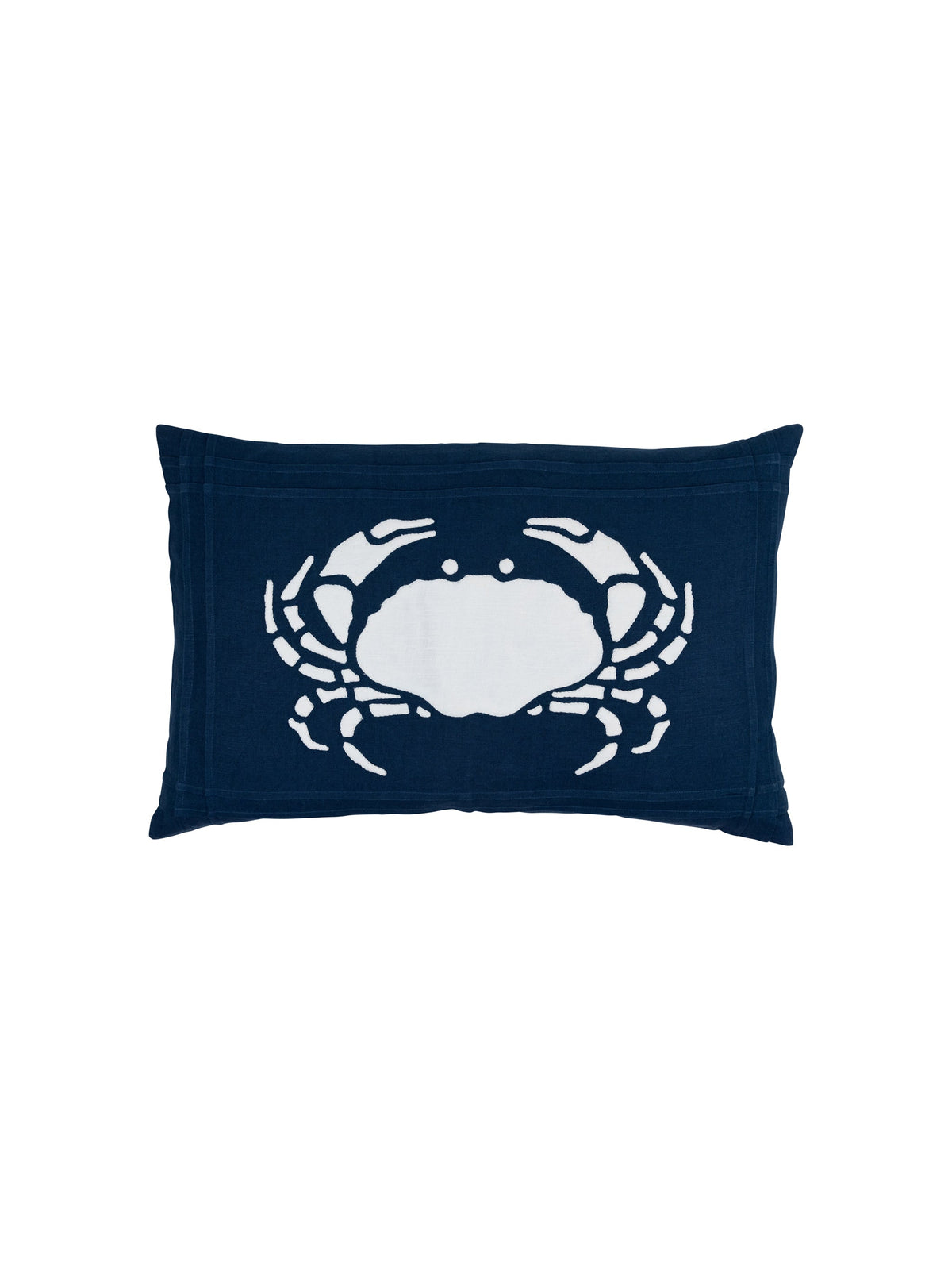 Rectangular navy linen pillow with white crab graphic