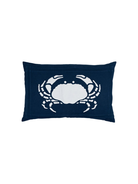 Rectangular navy linen pillow with white crab graphic