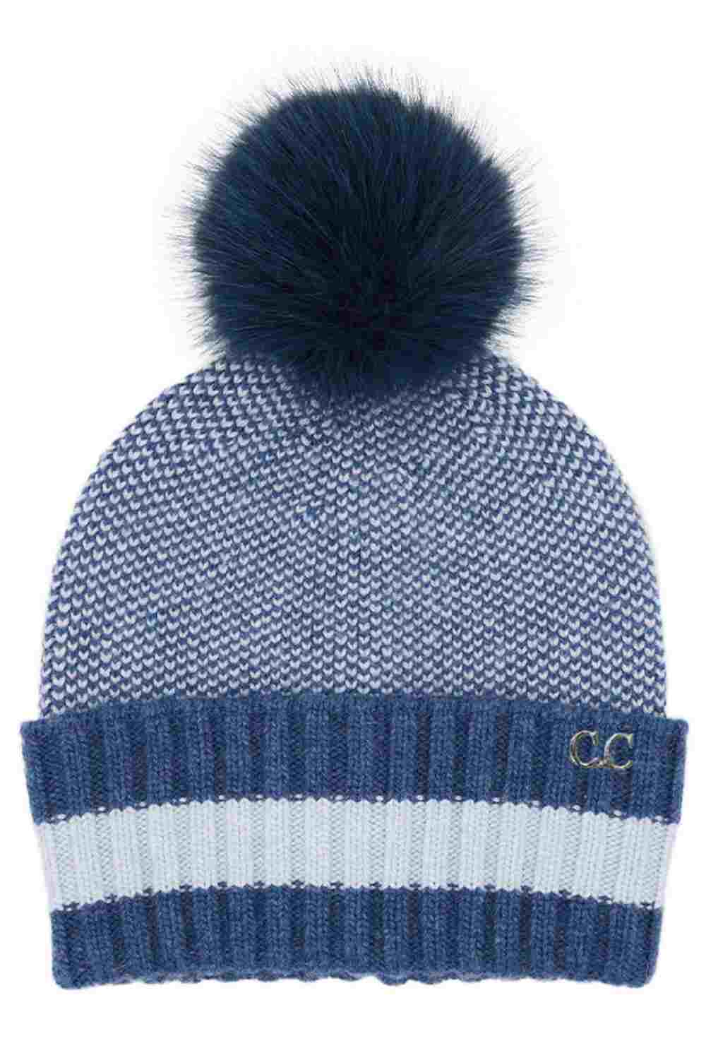 Two-tone knit beanie with pom-pom, blue patterned body and striped cuff