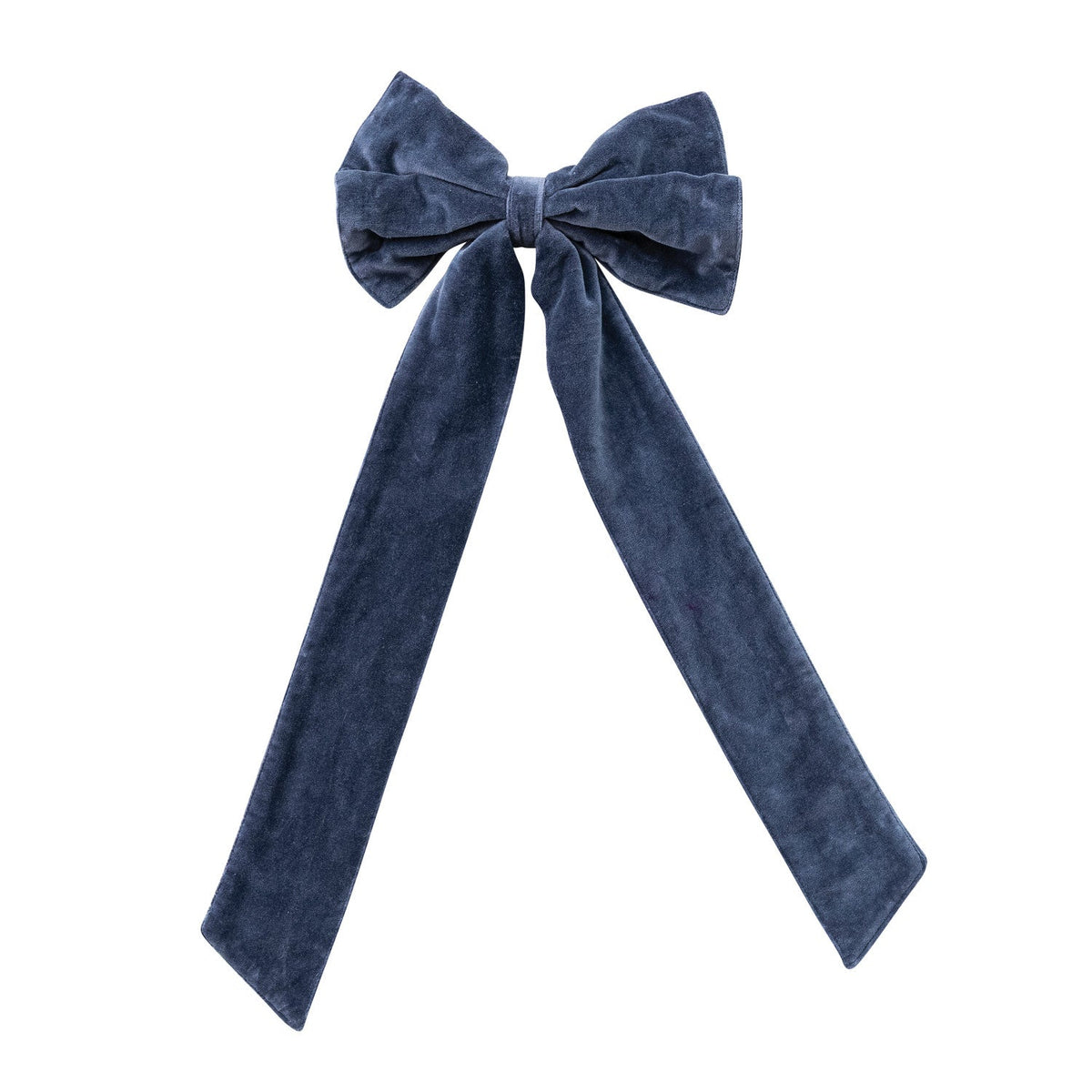 Navy cotton velvet bow with two long streamers and folded center knot