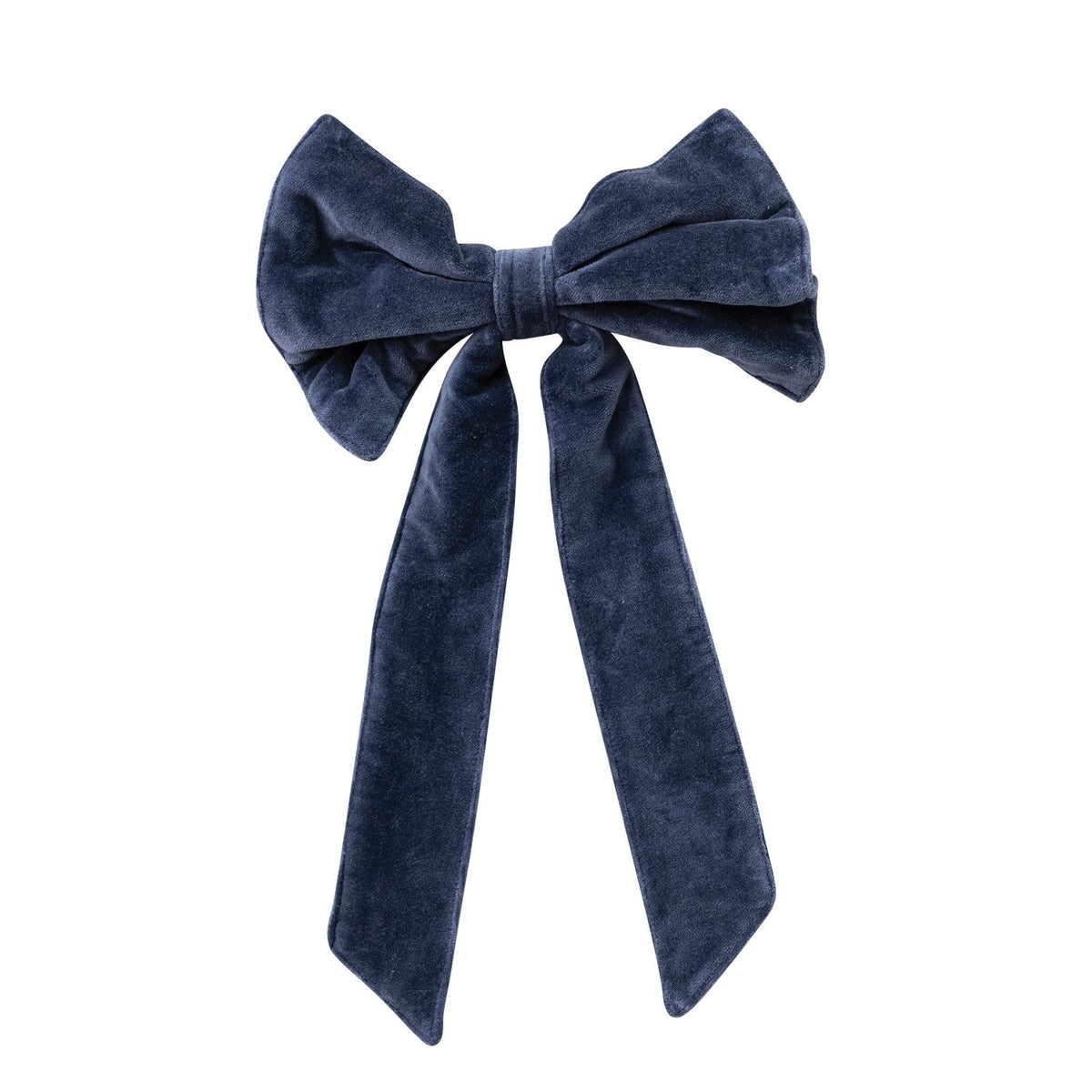Navy velvet bow with two tall ribbon streamers and folded top loops