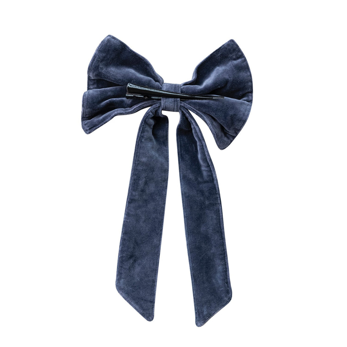 Navy velvet bow with tied center and long pointed tails
