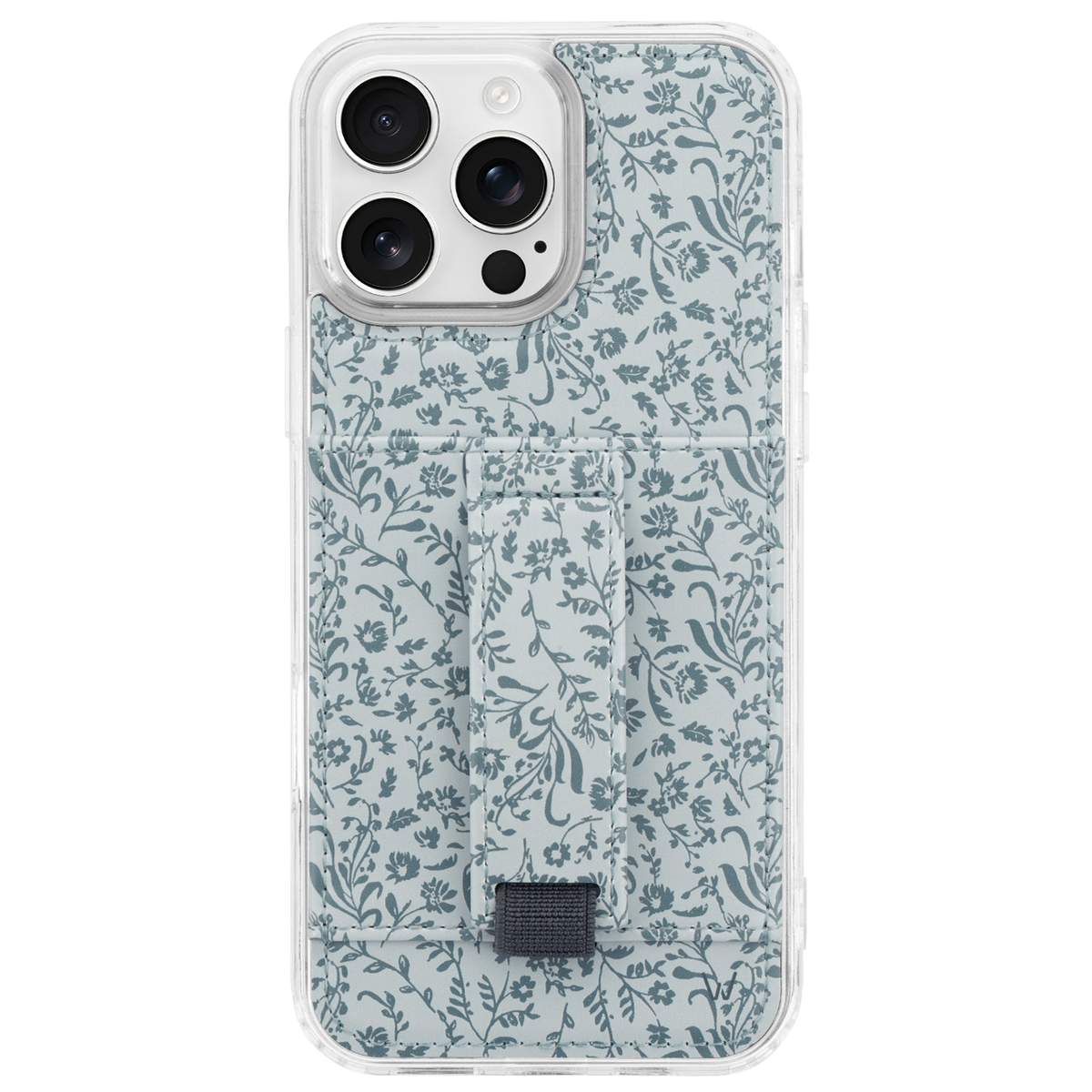 Floral phone case front view with teal leaf pattern, clear frame, and camera openings