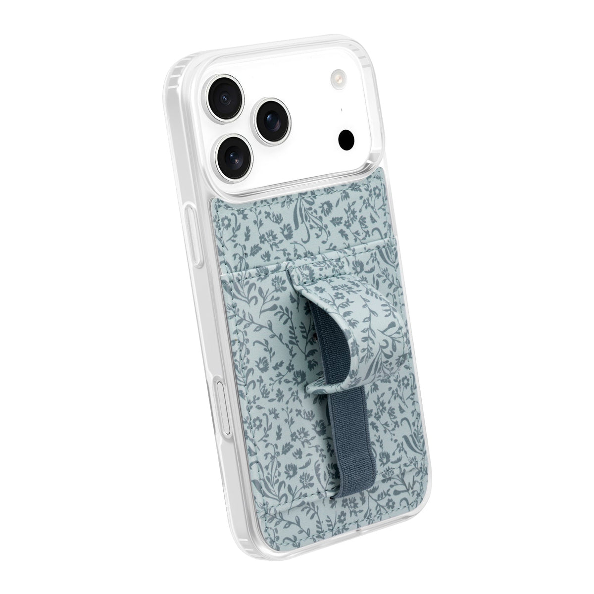 Teal floral phone case angled view with clear frame and gray strap tab detail