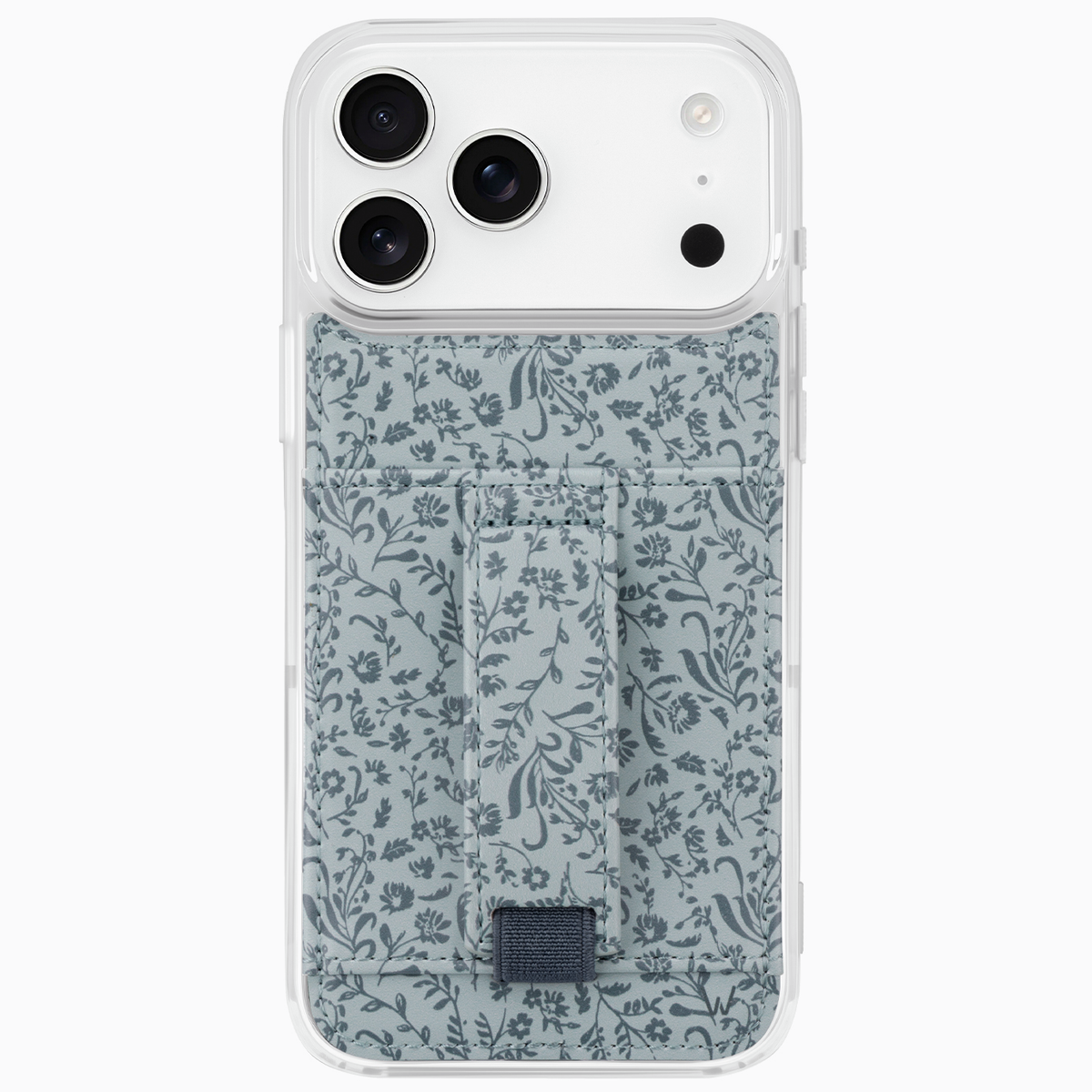Floral iPhone case with teal leaf pattern, clear sides, raised camera cutouts and strap tab