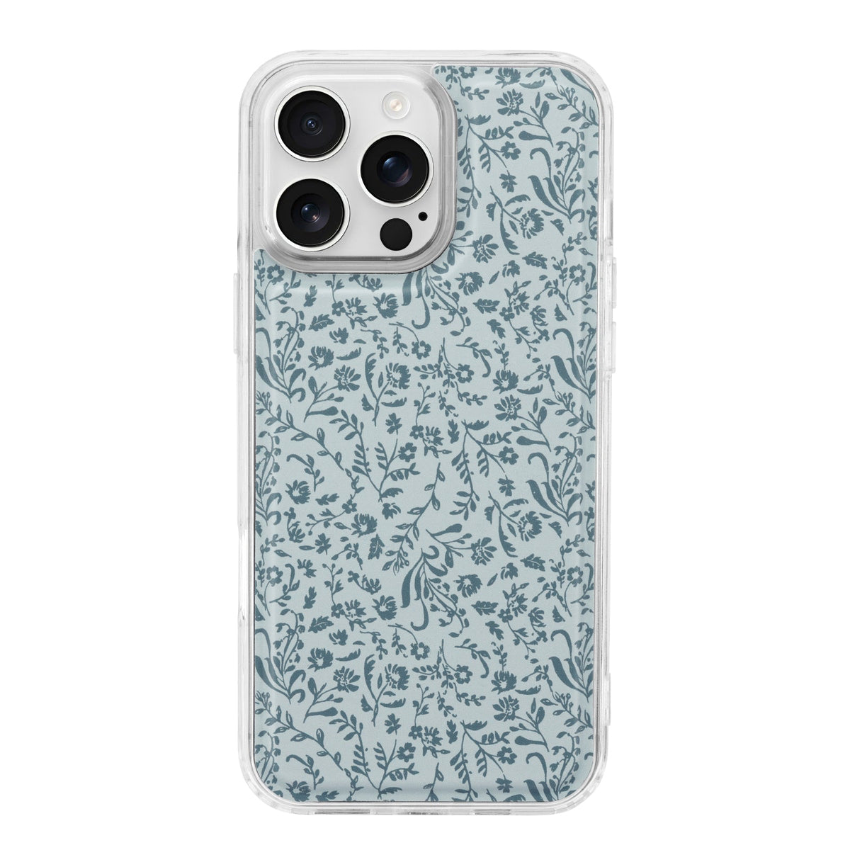 Magnetic phone case close-up with clear frame and light blue botanical floral print.