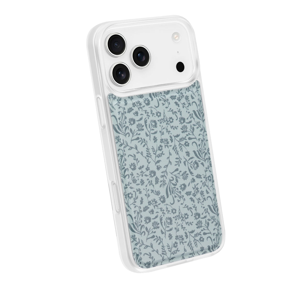 Magnetic phone case with clear edges and light blue botanical floral design.