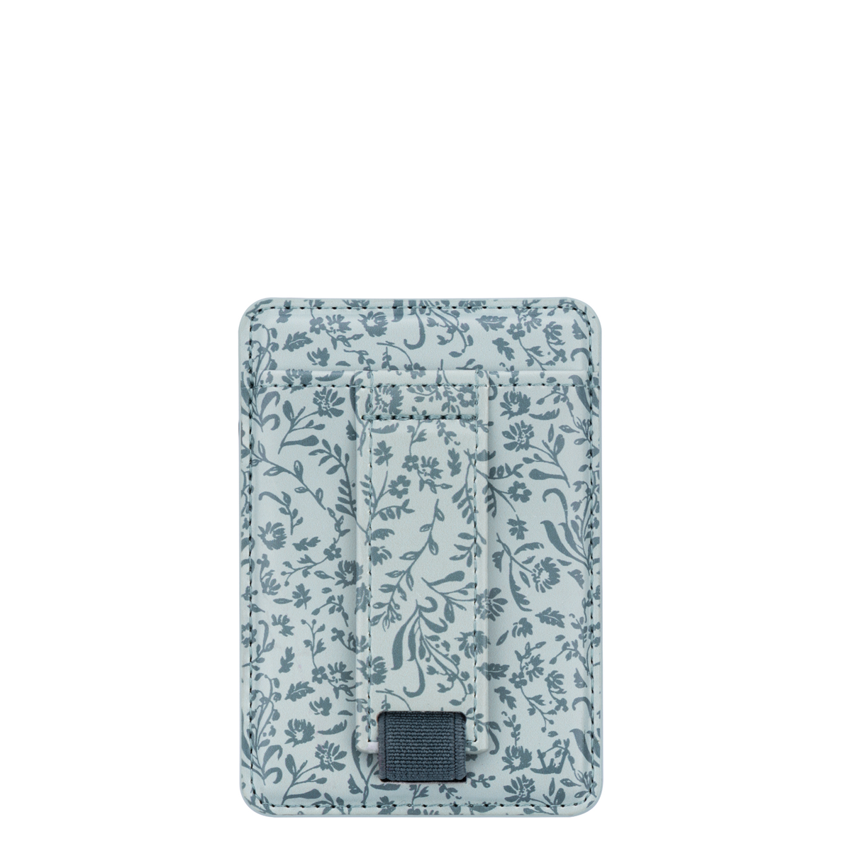 Floral magnetic wallet with blue-gray pattern and square magnetic snap