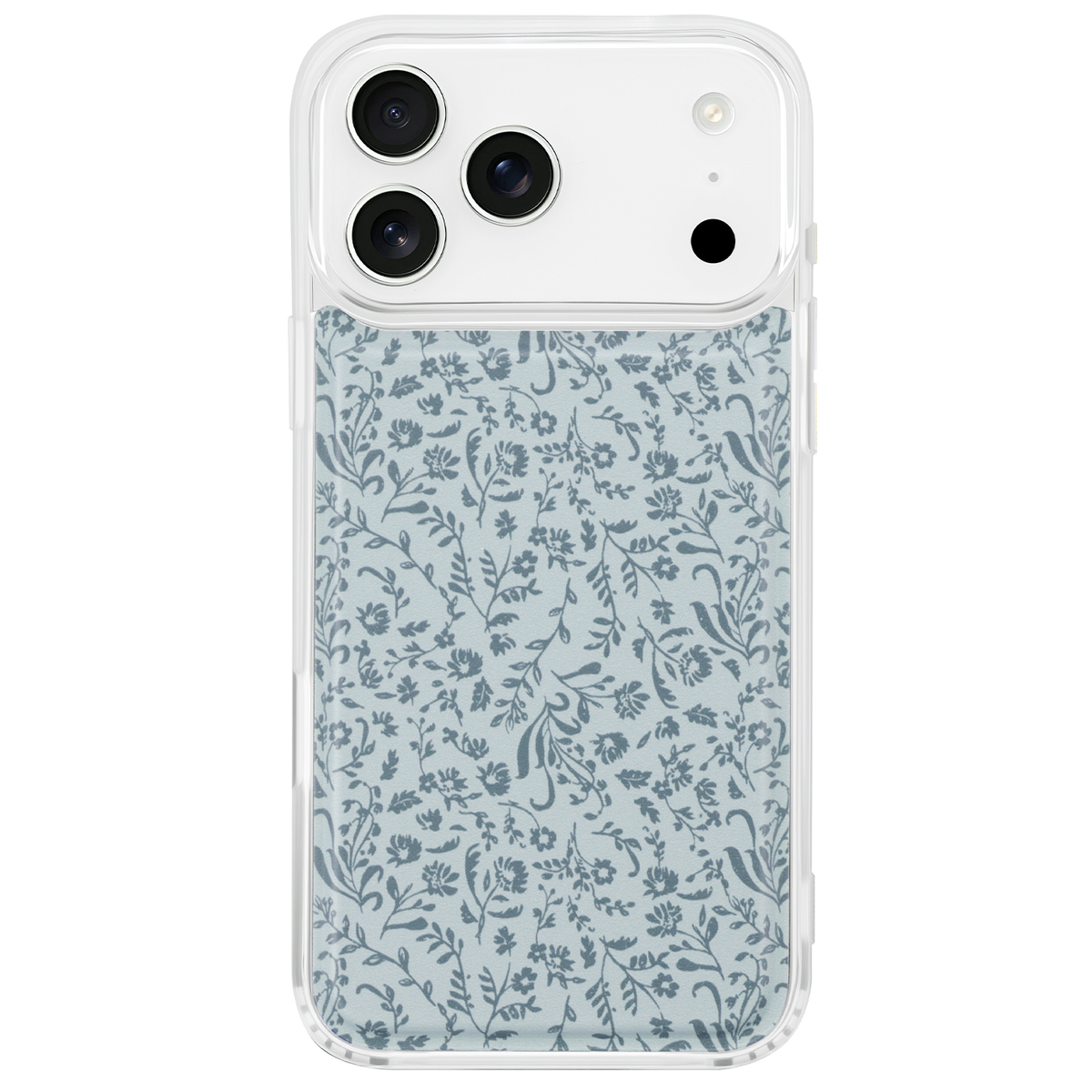 Magnetic phone case with clear bumper and light blue botanical floral pattern.