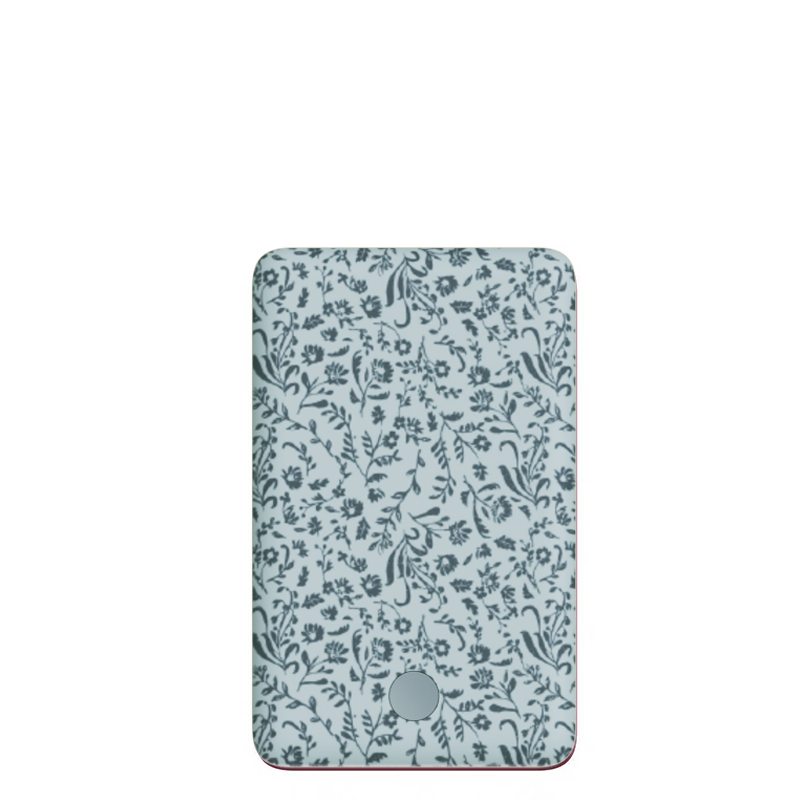 Light blue floral power case with centered round button and rounded edges