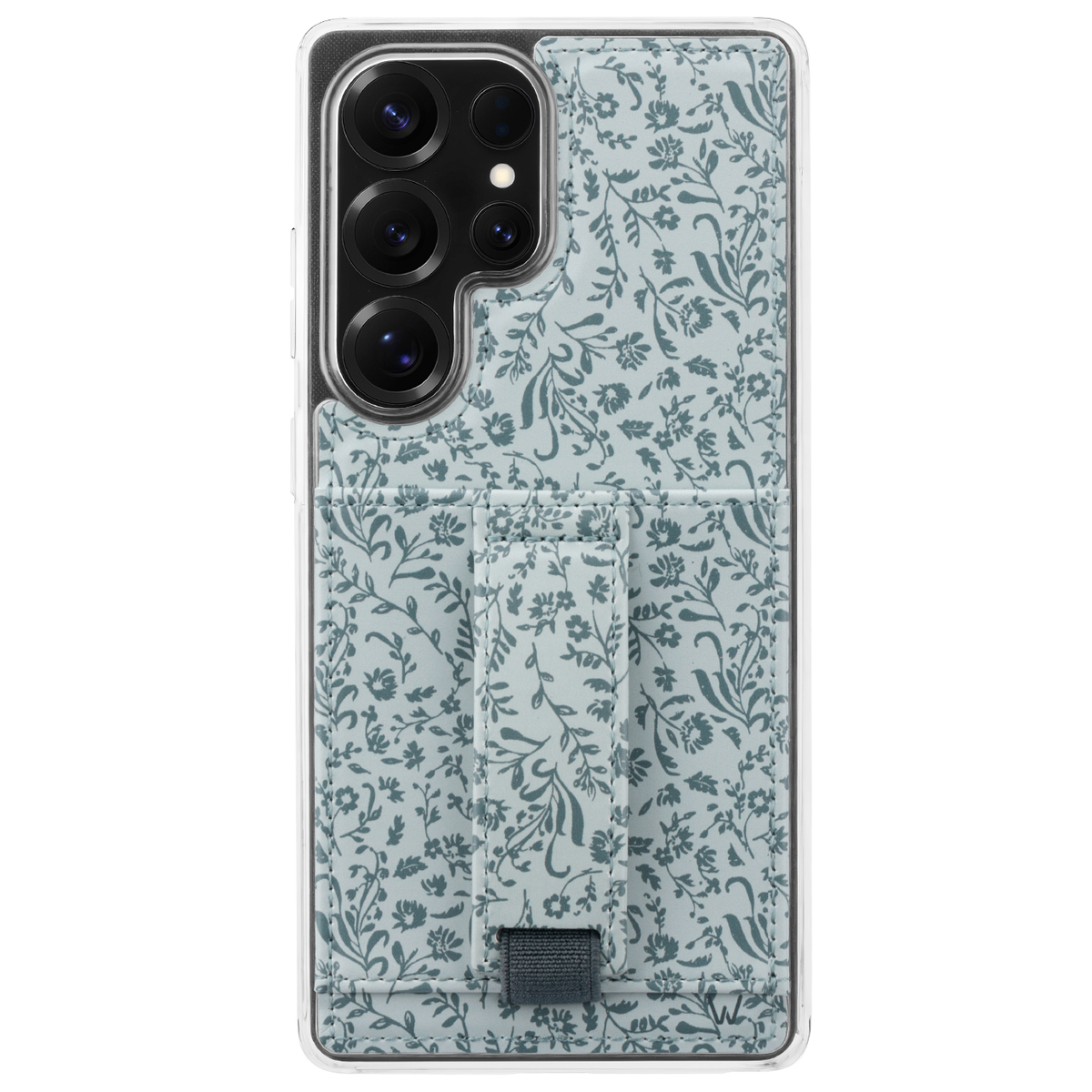 Floral phone case rear view with teal leaf pattern, clear edges, and gray strap tab