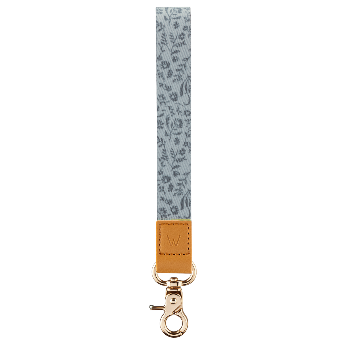 Blue patterned wrist lanyard with leather tab and gold key clip