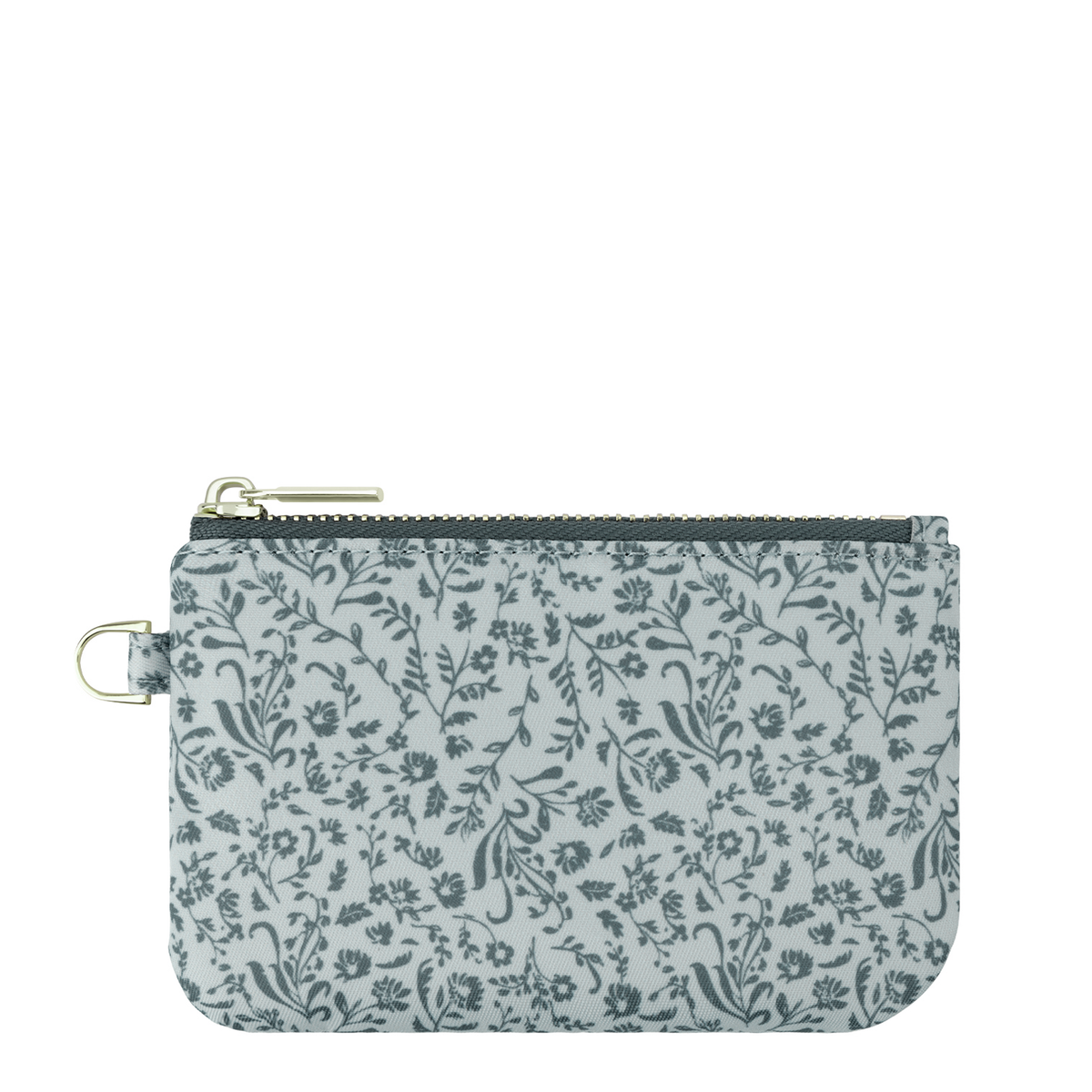 Light blue floral zipper pouch with gold hardware and wrist strap