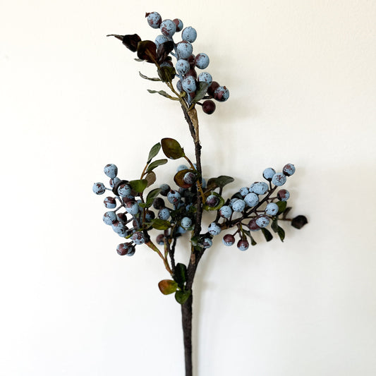 Artificial berry spray stem with blue berry clusters and green eucalyptus leaves