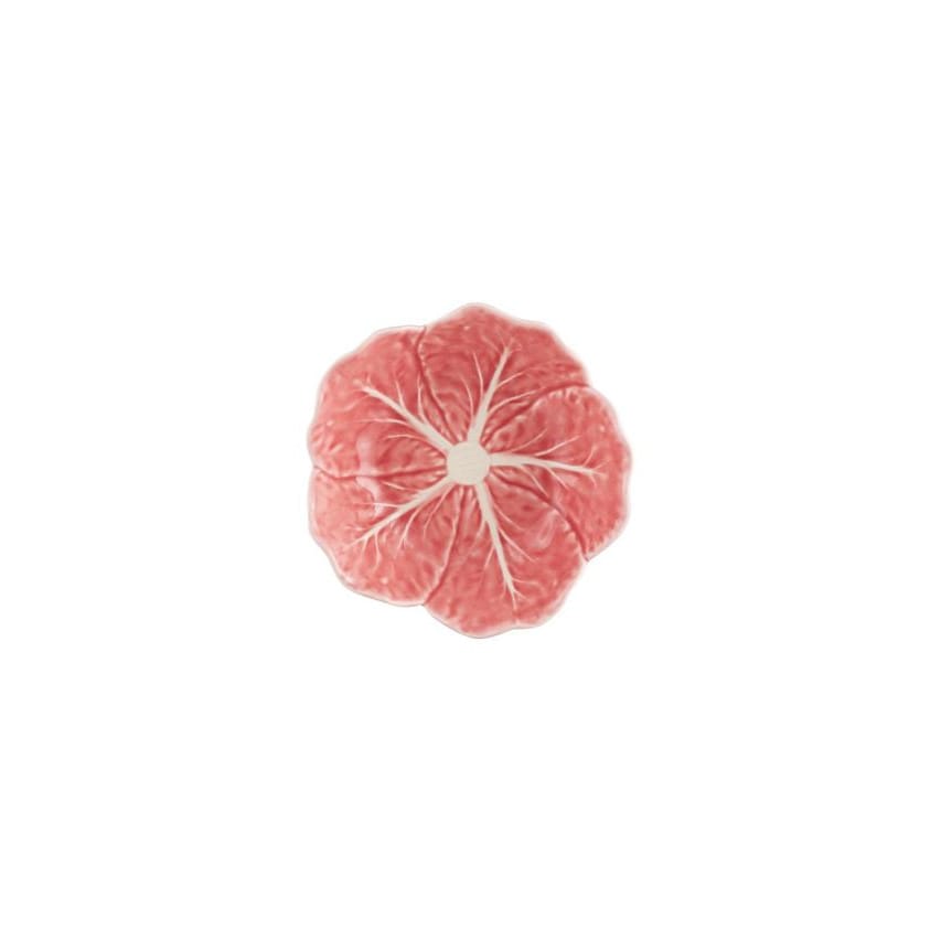 Pink cabbage-shaped serving bowl with embossed leaf pattern and veins.