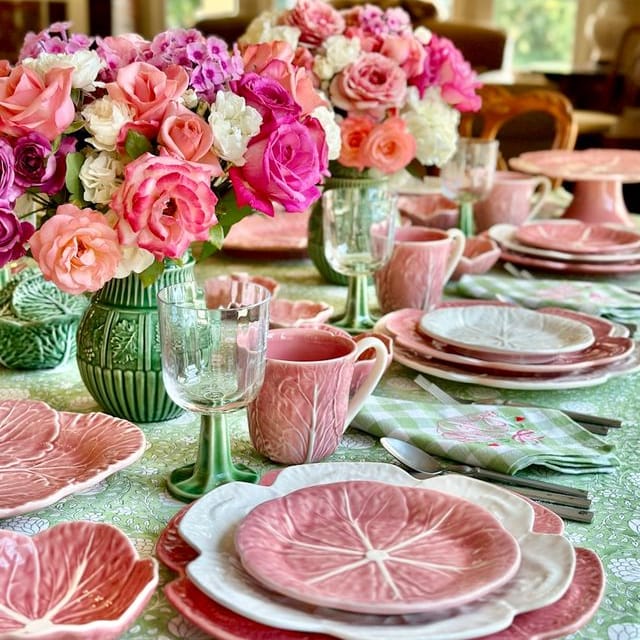 Table setting with pink cabbage-shaped bowls and matching plates.