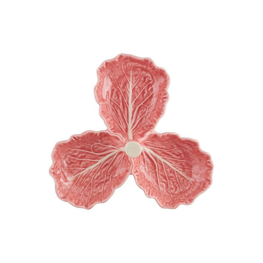 Bordallo Pinheiro pink cabbage olive dish viewed from above, with three veined leaf sections