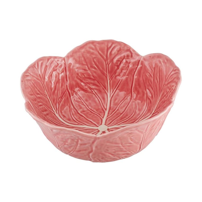 Pink ceramic cabbage-leaf salad bowl with embossed leaf veins and scalloped rim