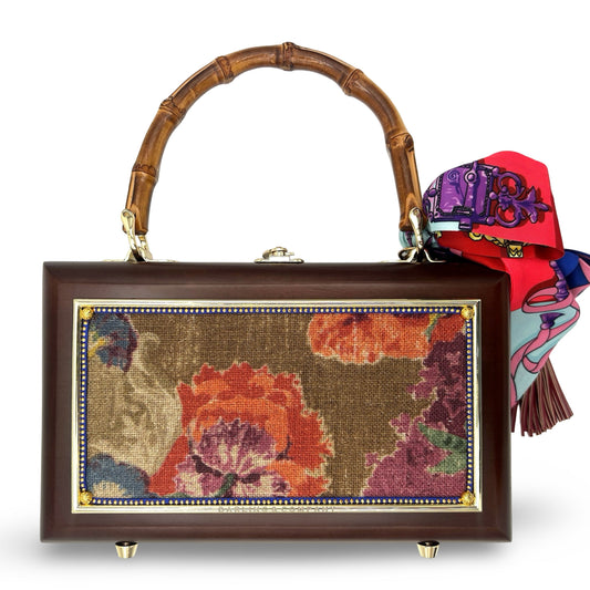 Bordeaux garden bag with bamboo handle and embroidered tapestry front panel