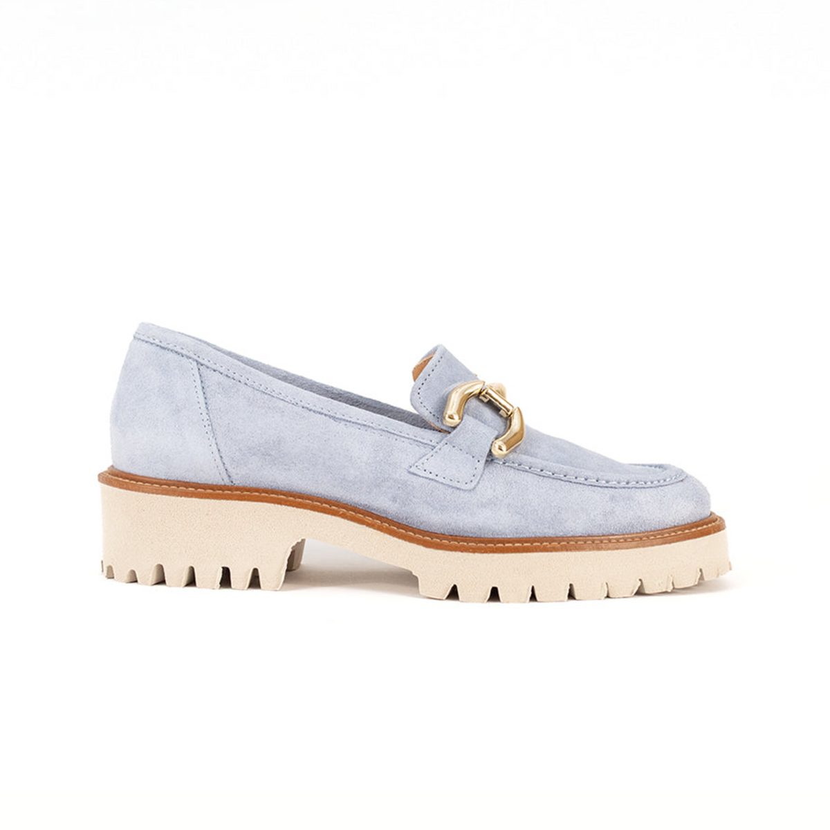 Light blue suede loafer with gold chain detail and chunky cream lug sole